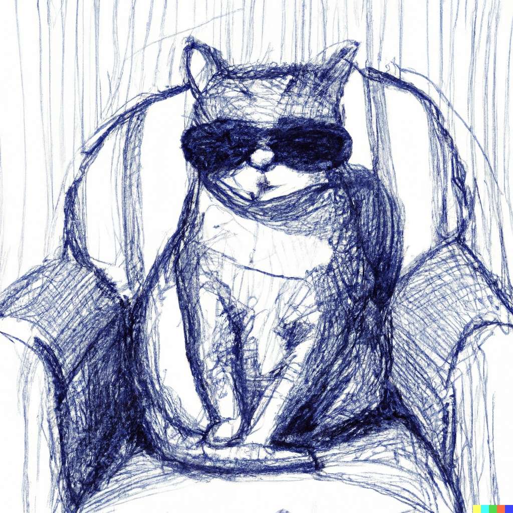 DALL·E 2023 04 18 10.01.00 cat wearing sunglasses sitting in a chair ball point pen art