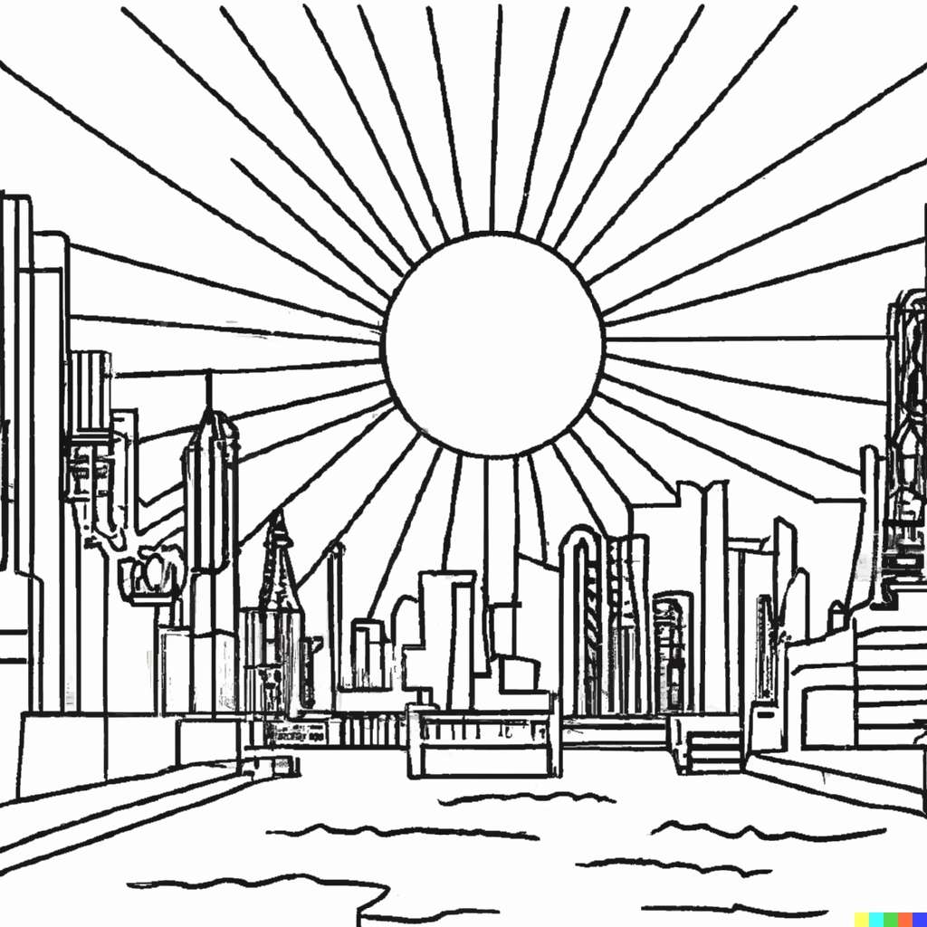 DALL·E 2023 04 18 10.01.57 A cityscape skyline during a sunset colouring in sheet