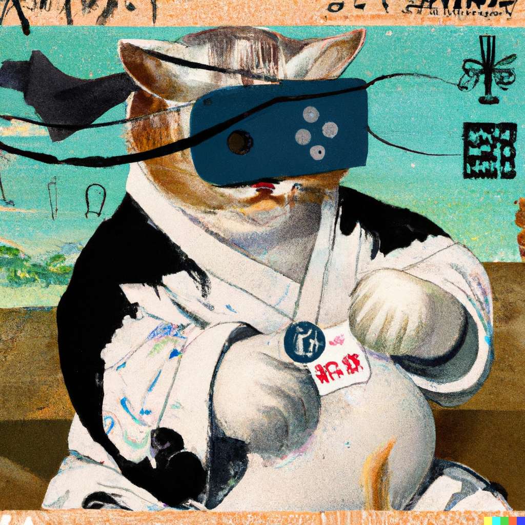 DALL·E 2023 04 18 10.02.11 Ukiyo e painting of a cat hacker wearing VR headsets on a postage stamp