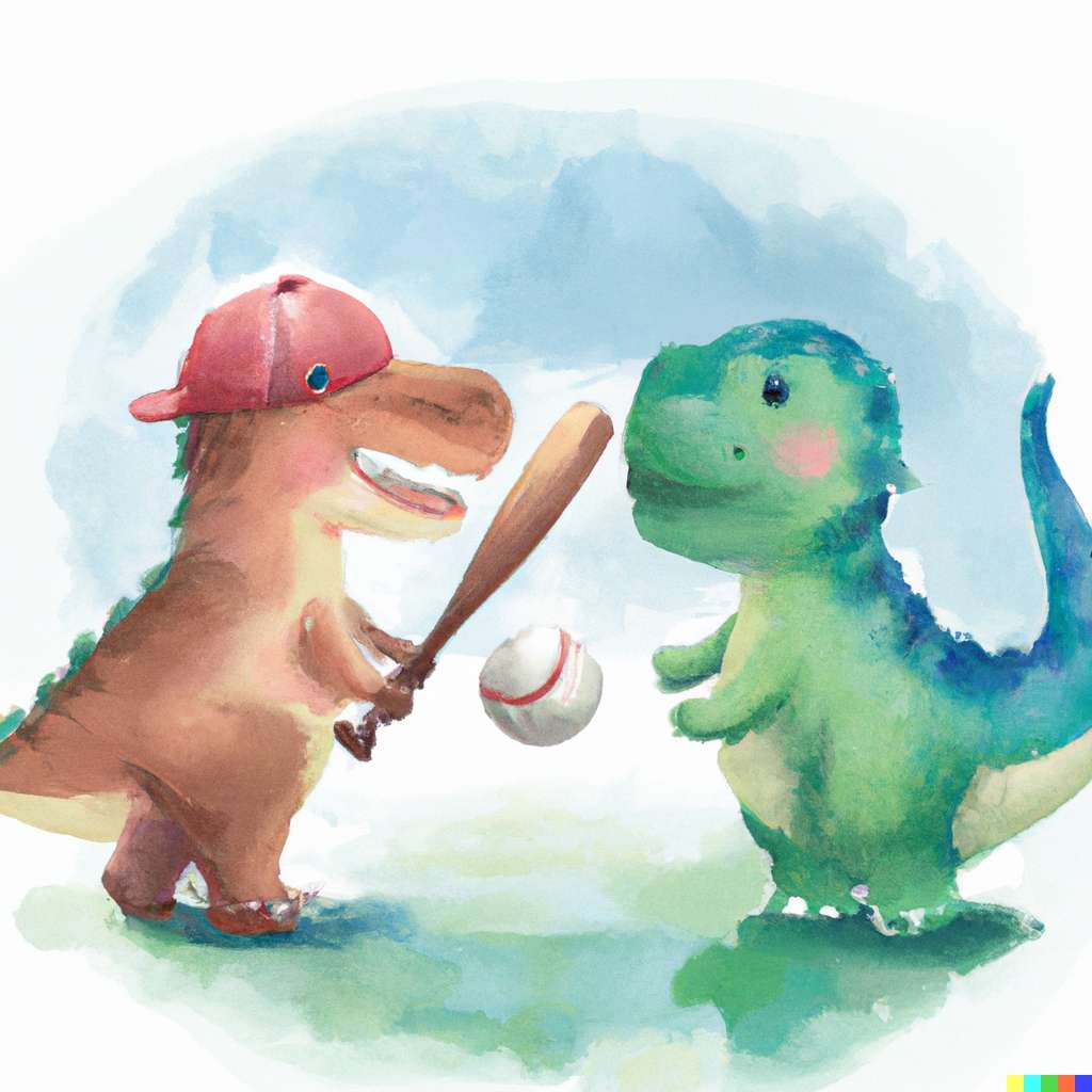 dinosaurs playing baseball in watercolor style v0